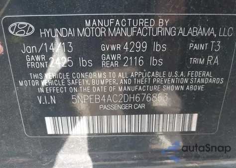 2013 Hyundai Sonata Gls из США, поврежденный, VIN 5NPEB4AC2DH676863